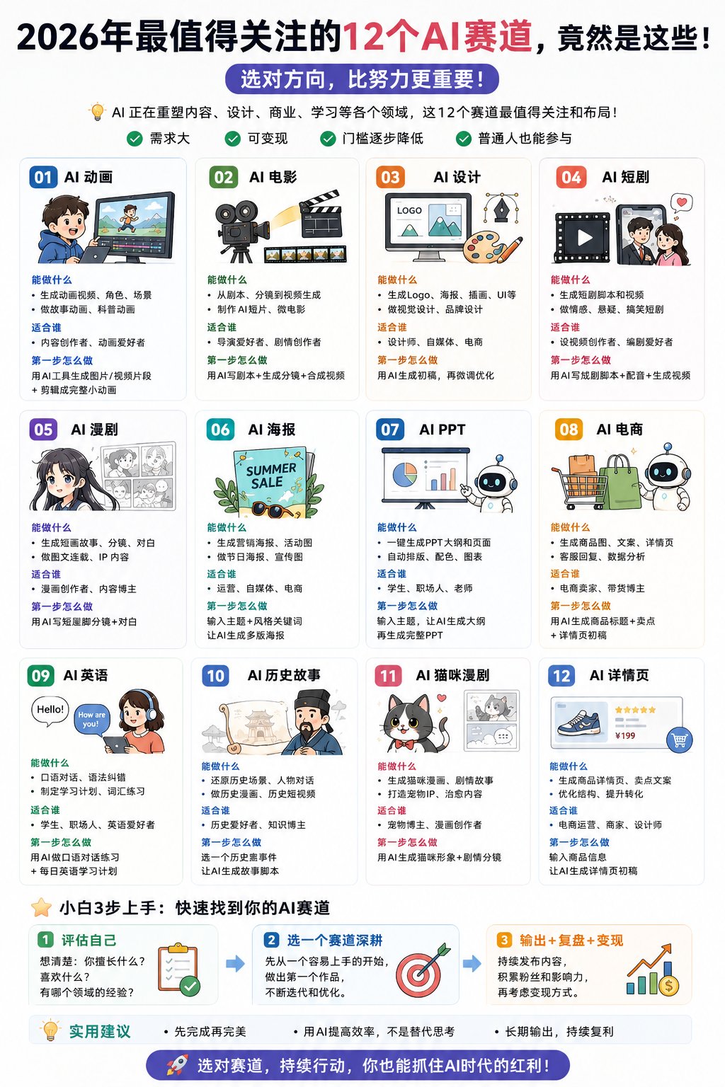 The author's original infographic: all 12 AI tracks worth watching in 2026 at a glance (labels in Chinese)